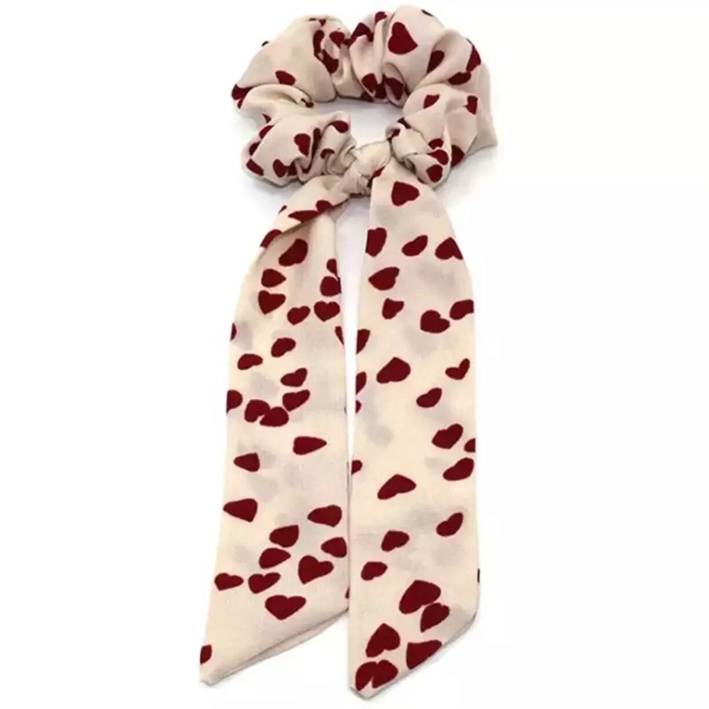 Silky satin red hearts scarf scrunchie Valentines Day scrunchie with tail gift